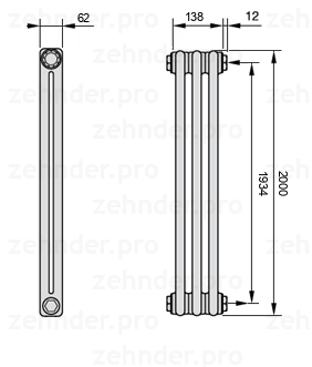 Схема (чертеж) Радиатор Zehnder Charleston 2200/3 №7610 Белый глянцевый RAL 9016